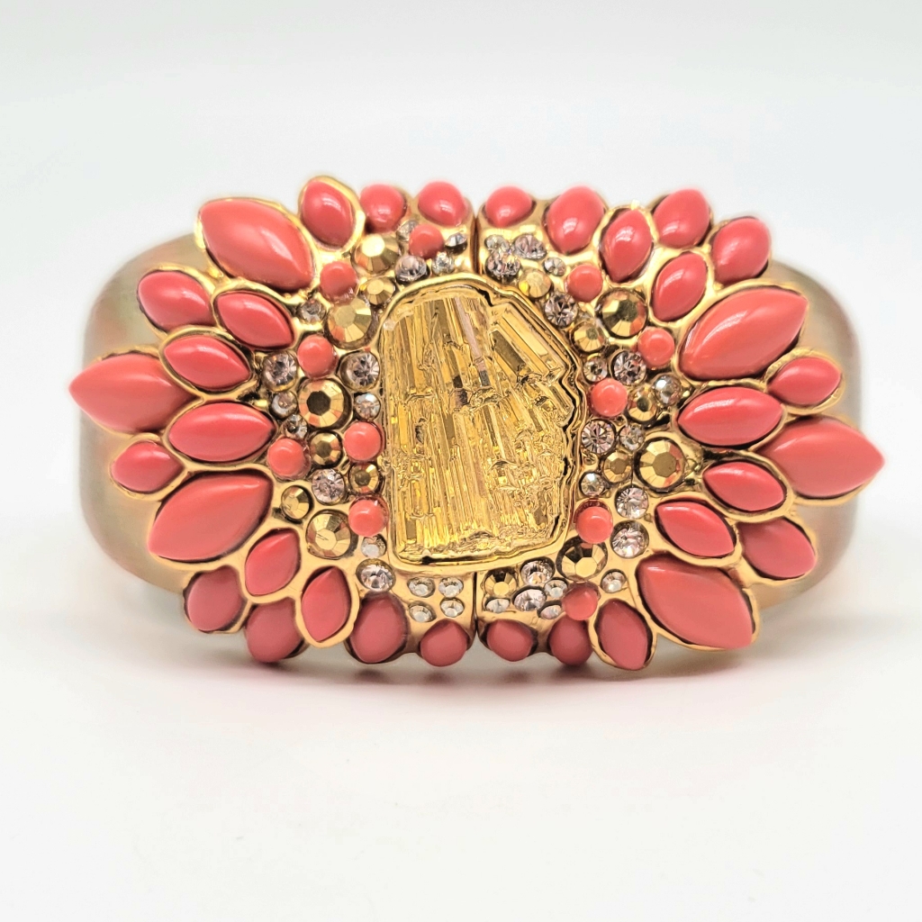 Alexis Bittar Painted Lucite Hinged Bangle With Coral Glass Swarovski Sunburst 450$